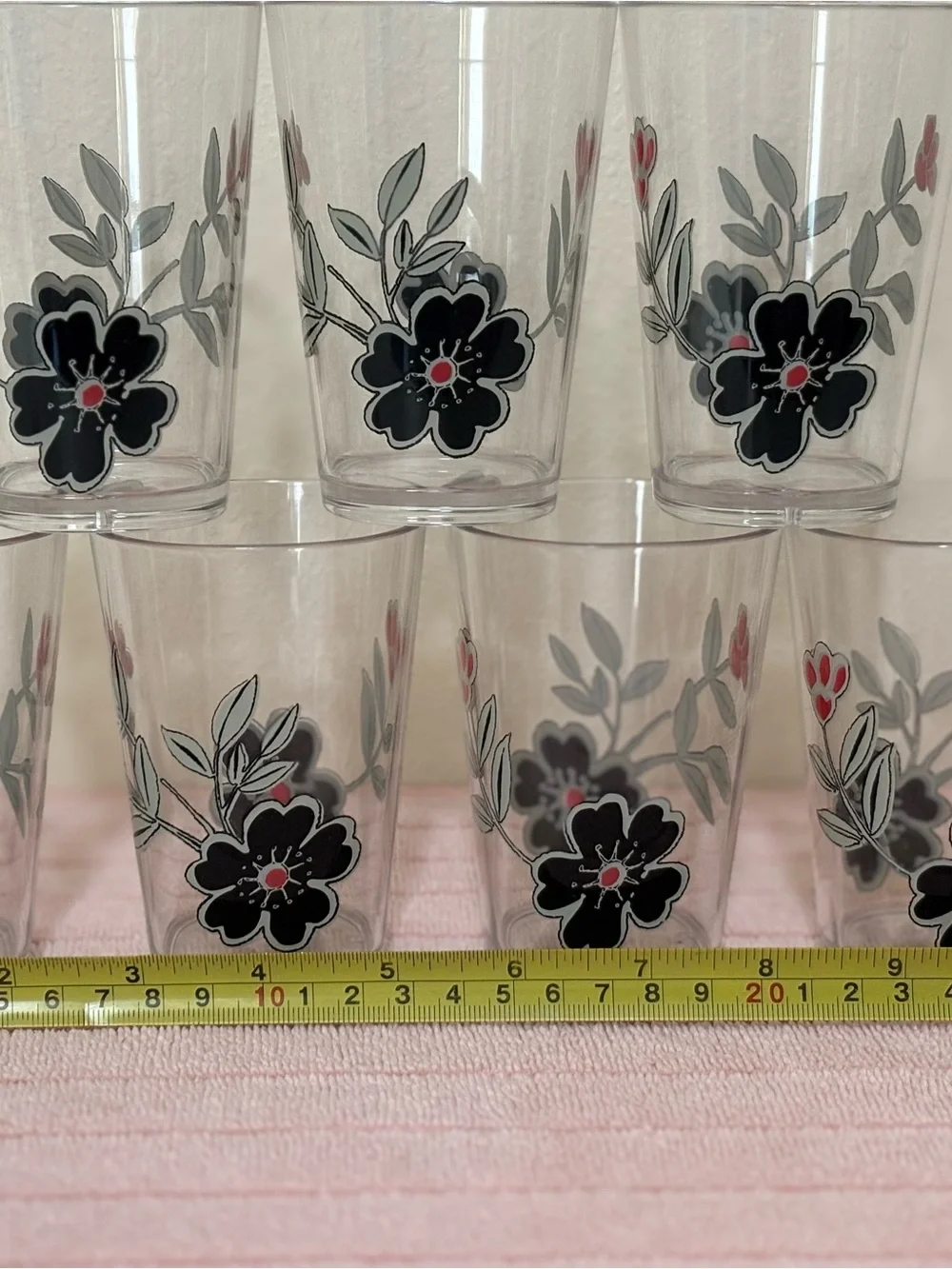 Corelle set of 7 acrylic Glass Tumblers 8 oz with Black Floral and Red Accent